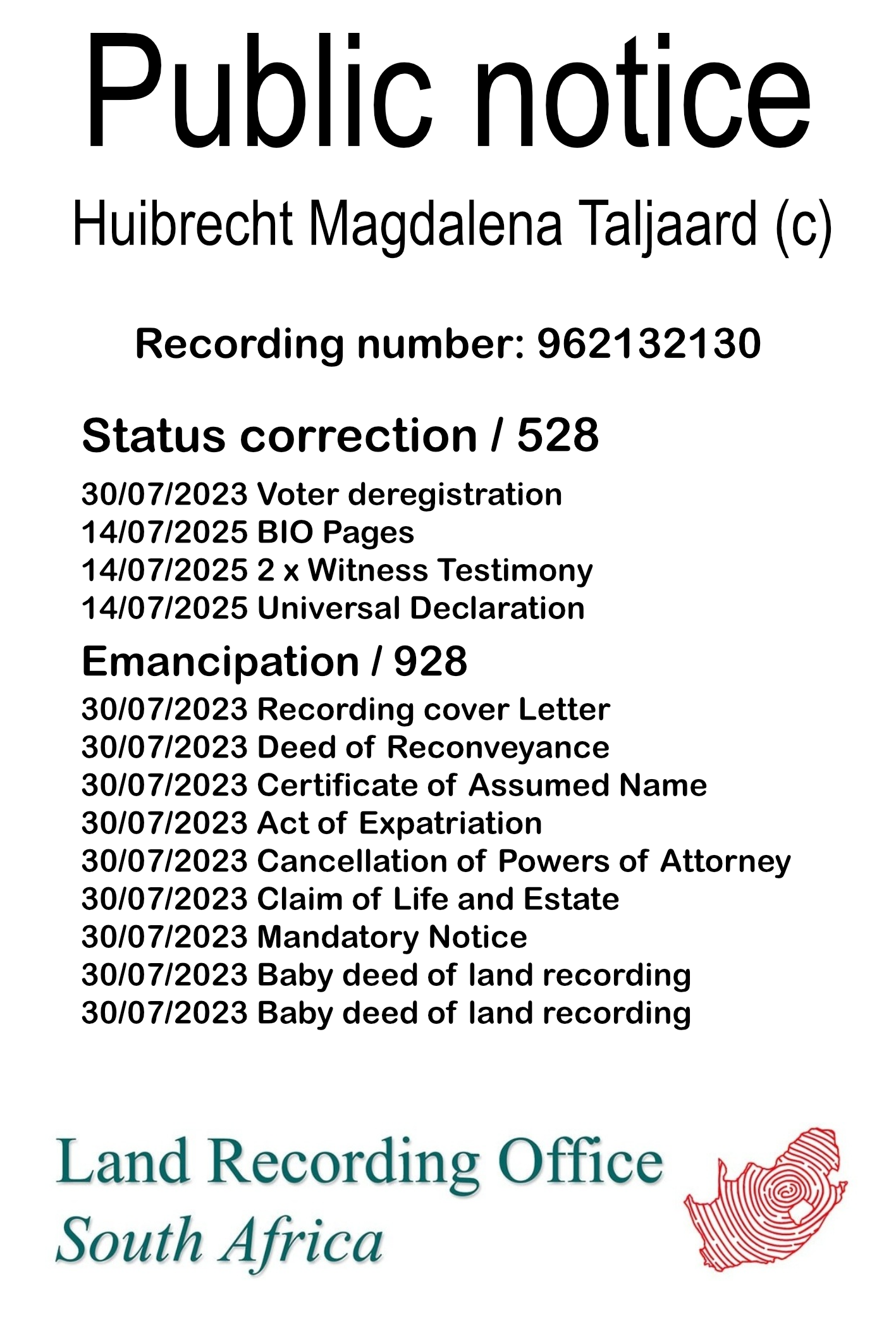 Public notice Huibrecht Magdalena Taljaard (c) Recording number 962132130